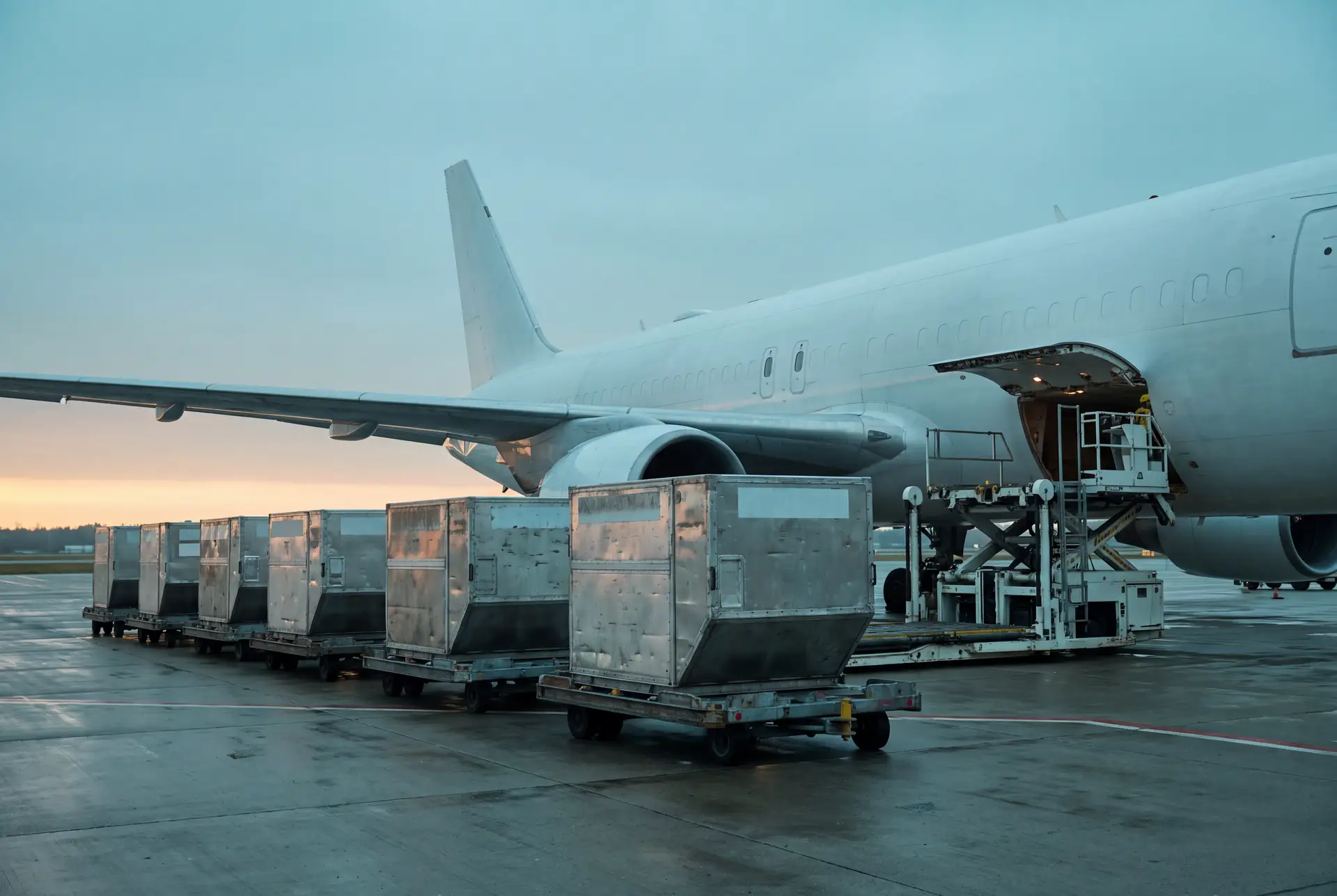 Air freight containers beside a freighter aircraft at dawn