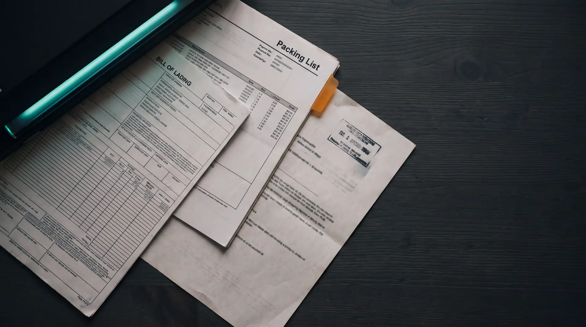 Printed shipping documents on a dark desk