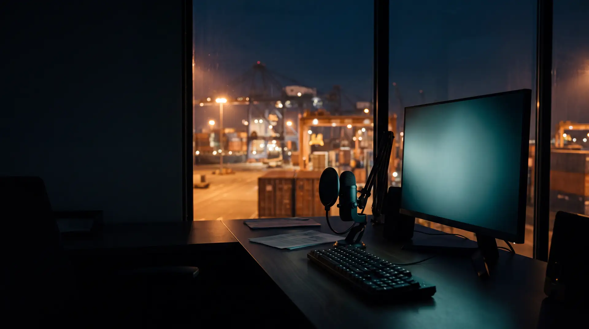 Shipping operations desk at night with a glowing monitor and microphone, a container port outside the window