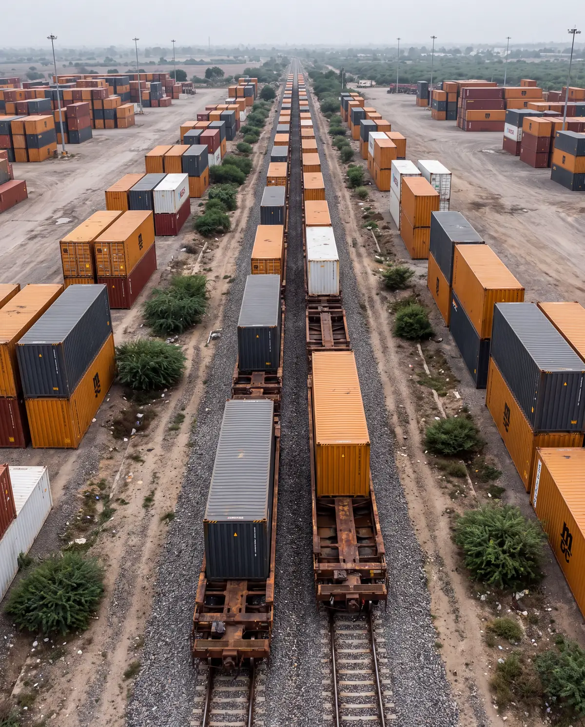 Container train running through an inland container depot, seen from above