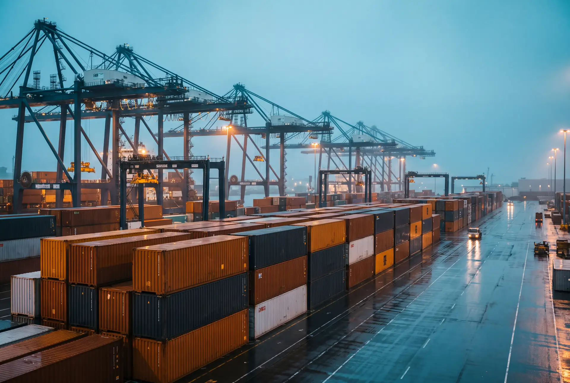 Container terminal at dusk with gantry cranes over orderly container stacks